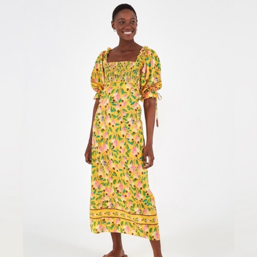 NWT Farm Rio Smocked Maxi Dress in Yellow Mini Cashew Print, Size XS